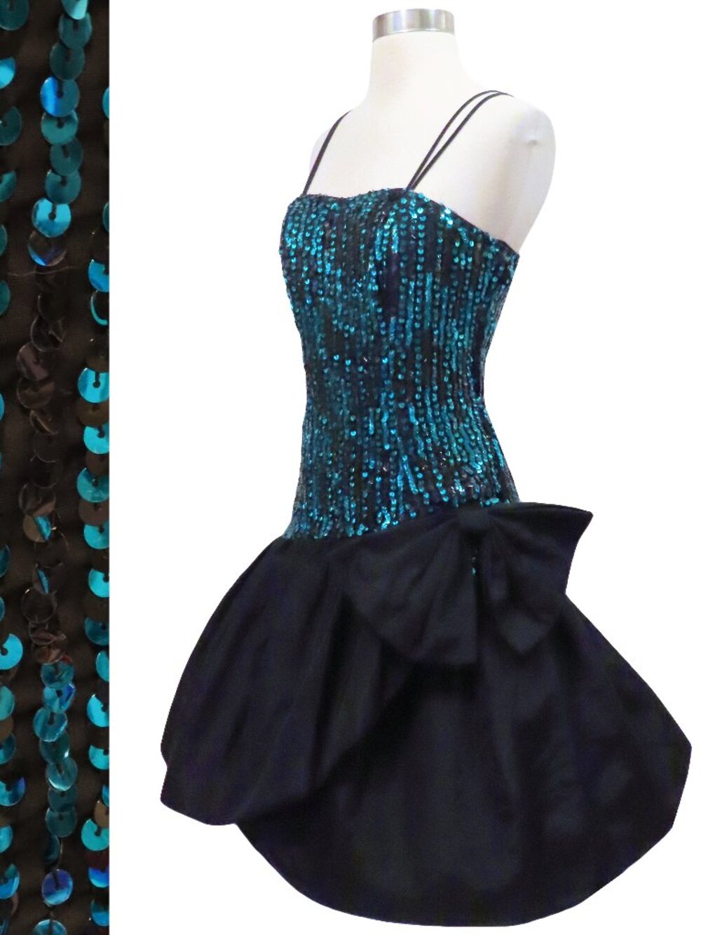 Vintage 80s Teal Blue Green Sequin Black Taffeta Prom Cocktail Party Dress XS S